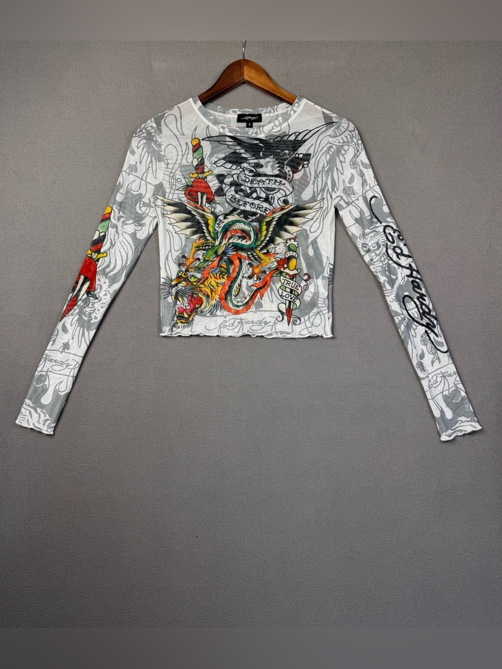 Ed Hardy Y2K Style Tattoo Mesh Long Sleeve Crop Top, Sheer Before Death Design S - Picture 2 of 16